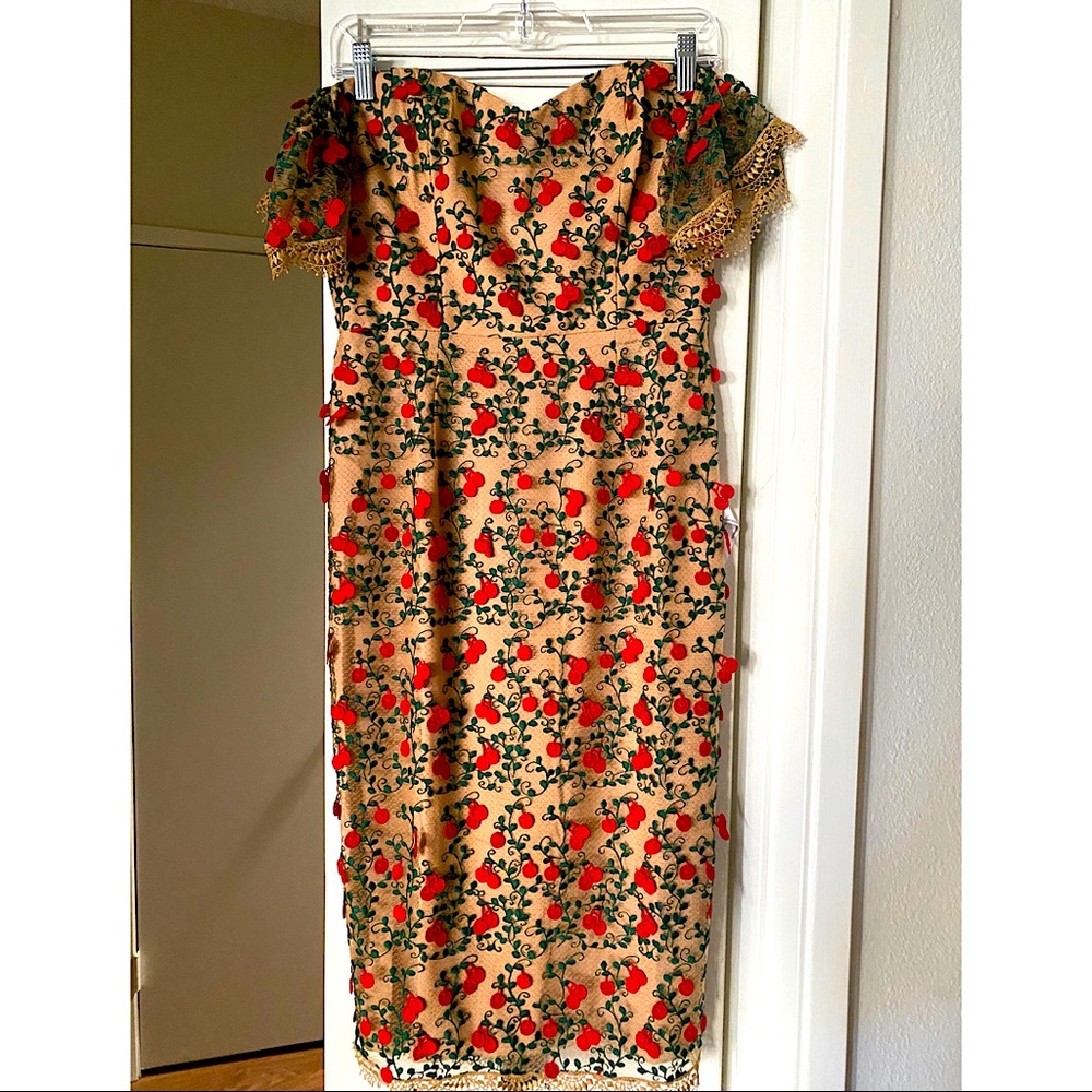 NWT Dress the Population Tara dress. Size medium. Off the shoulder, midi length.